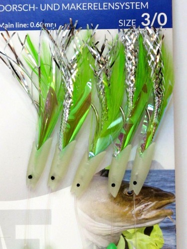 5 Fladen Shrimp Rigs Lumi Max Hokki 5 Hook Size 3/0 Fishing Mackerel Feathers - Picture 2 of 9