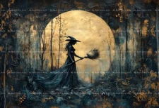 WITCH MOONLIT ART PRINT, Halloween Decor, Enchanted Forest Witchy Poster, D922