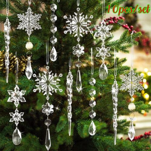 10Pcs Christmas Acrylic Crystal Pendants Snowflake Xmas Tree Decor Ornaments - Picture 1 of 10