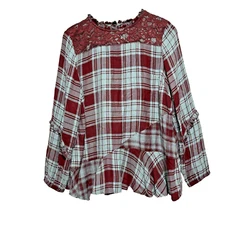 LOGO Lavish by Lori Goldstein Woven Plaid Blouse with Lace Detail Dark Rose M