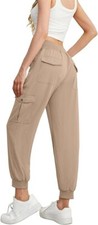 Women's Lightweight Elastic Waist Cargo Pants with Buttoned Pockets Light Grey