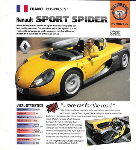 Cutting Edge folder 1995-1998 RENAULT SPORT SPIDER SPEC SHEET fact card Hot Cars - Picture 1 of 3