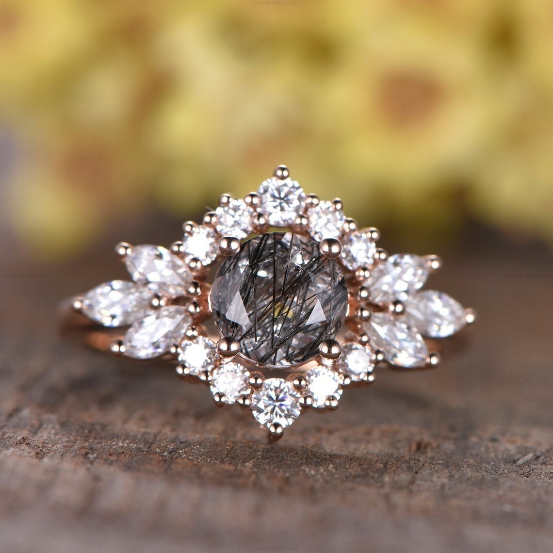 14k Rose Gold Rutilated Quartz Diamond Engagement Cocktail Ring For Women