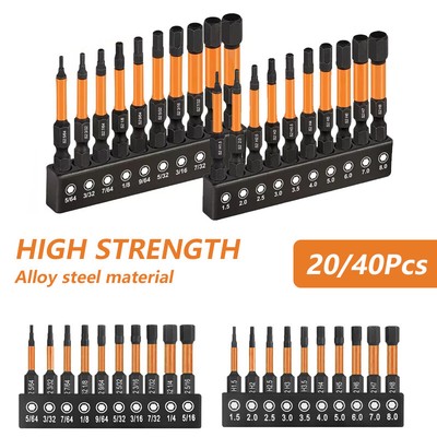 20PCS Impact Hex Wrench Drill Set Hex Head Magnetic Pointed Metric SAE S2 Steel