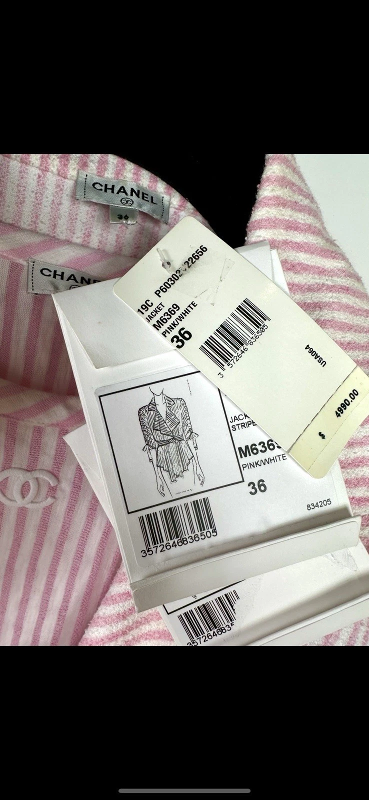 Giacca tweed Chanel 2019 La Pausa rosa bianco 34 36 38 40 2 4 6 8 cappotto cintura S M