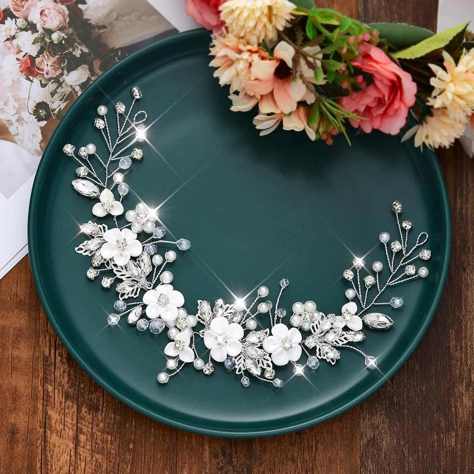 - Accessori per Capelli Da Sposa Con Fiori in Argento, Con Cristalli E Perle, Vi - Immagine 2 di 4