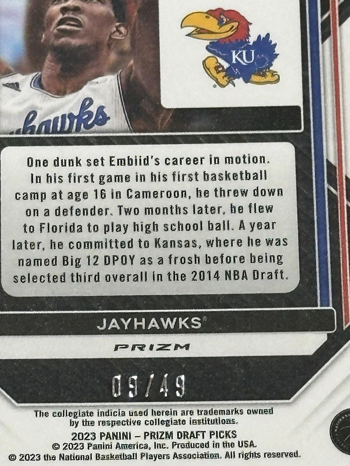 Selecciones de draft Panini Prizm 2023 Joel Embiid #52 Orange Pulsar Prizm/49 SP Foto 4 de 4