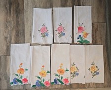 8 Vintage Cotton Tea Towels White Multicolor Hand Embroidered Appliqued Florals