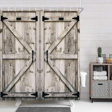Rustic Wooden Vintage Farmhouse Country Barn Door Shower Curtain with 12 Hooks,