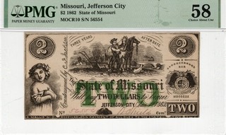 Missouri State Note 1862 $2 CR 10 CSA PMG Choice About Unc 58 Civil War