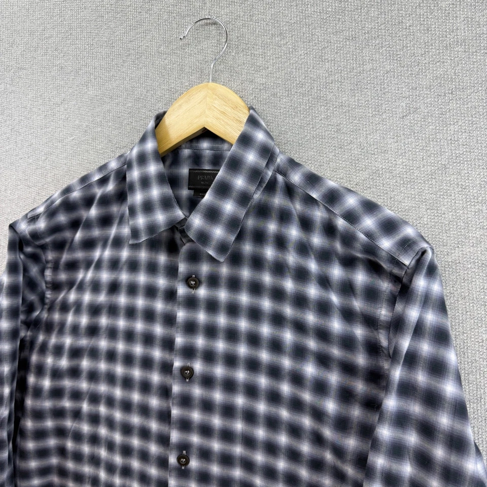 Camisa Prada Para Hombres 40 15-3/4 Azul Cuadros Ligera Suave Algodón Jersey Abotonable Foto 2 de 4