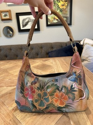ANUSCHKA Shoulder Bag Purse Leather Hand Painted Butterfly And Hibiscus Flowers