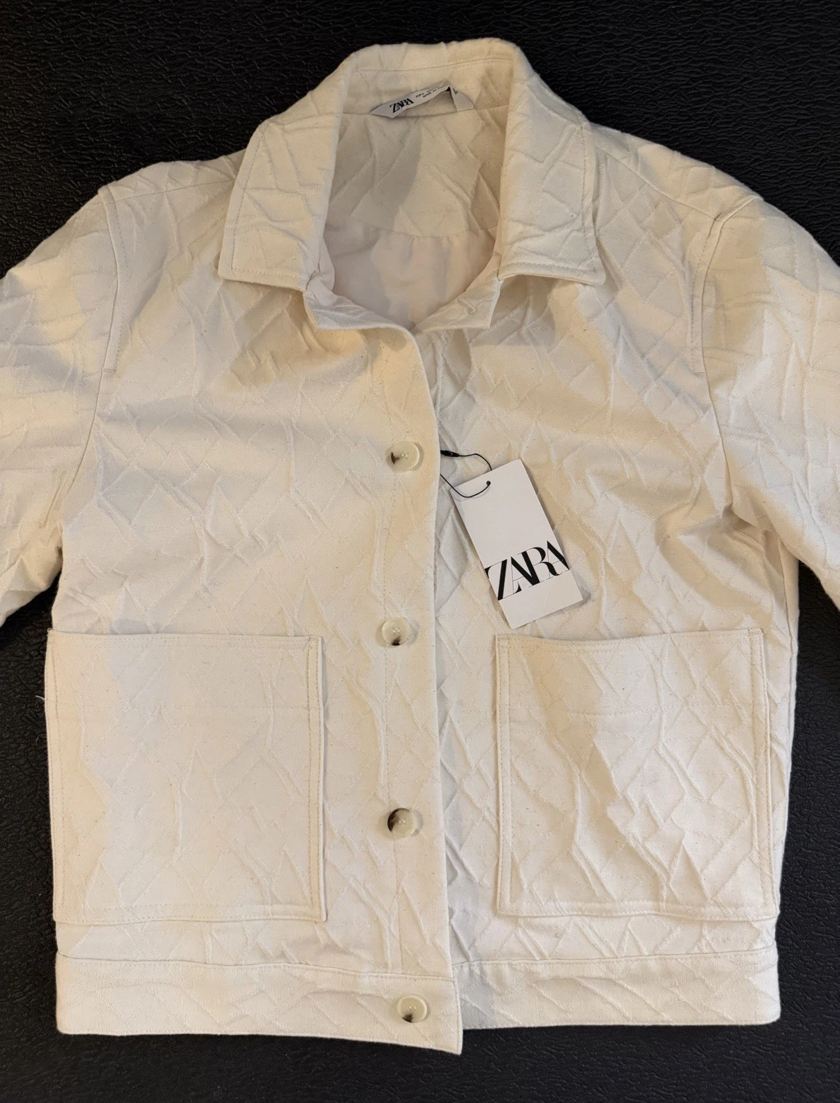 Zara White/Cream Quilted Button-Front Collared Jacket w/ Pockets Men’s Size S image 2