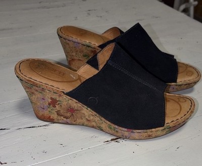 Born Blue Suede Floral Wedges 9US Cork Heel Hand painted Sides Worn 1X