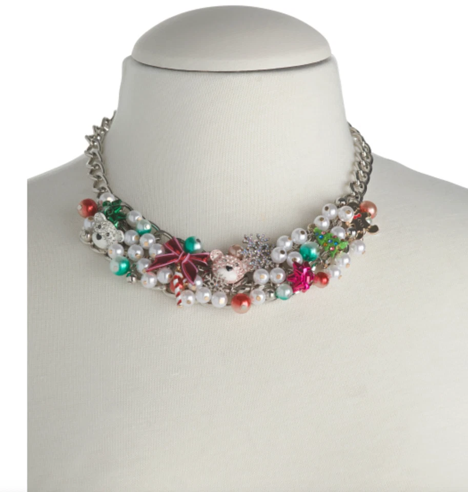 Новый с Ярлыками BETSEY JOHNSON серебристого тона праздничный праздник Рождество безделушки нагрудник ожерелье - Изображение 2 из 4