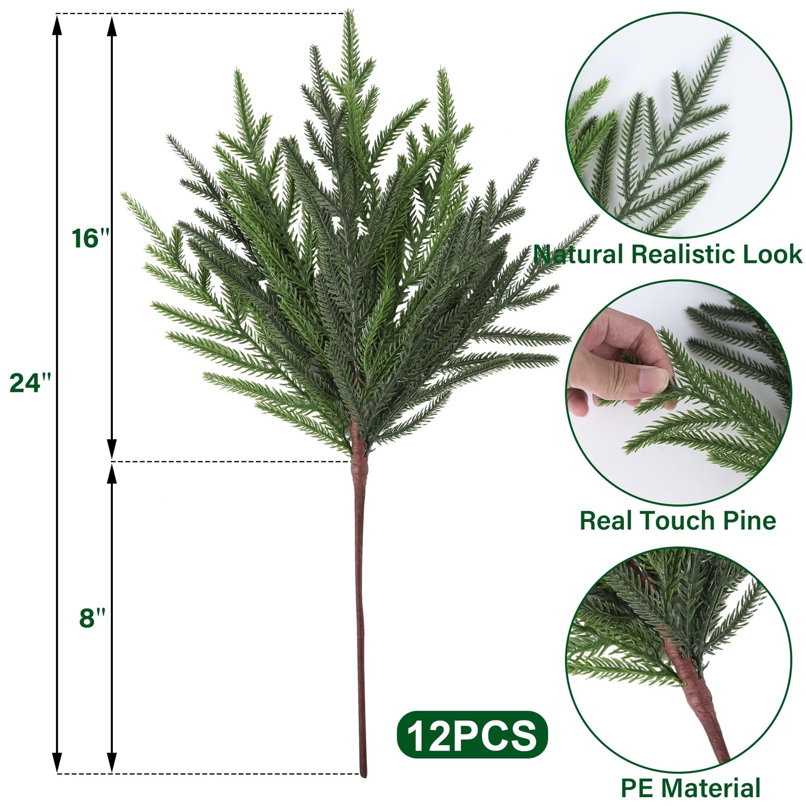 24" Extra Long Artificial Norfolk Pine Stems - 12 Pack Real Touch Christmas G...