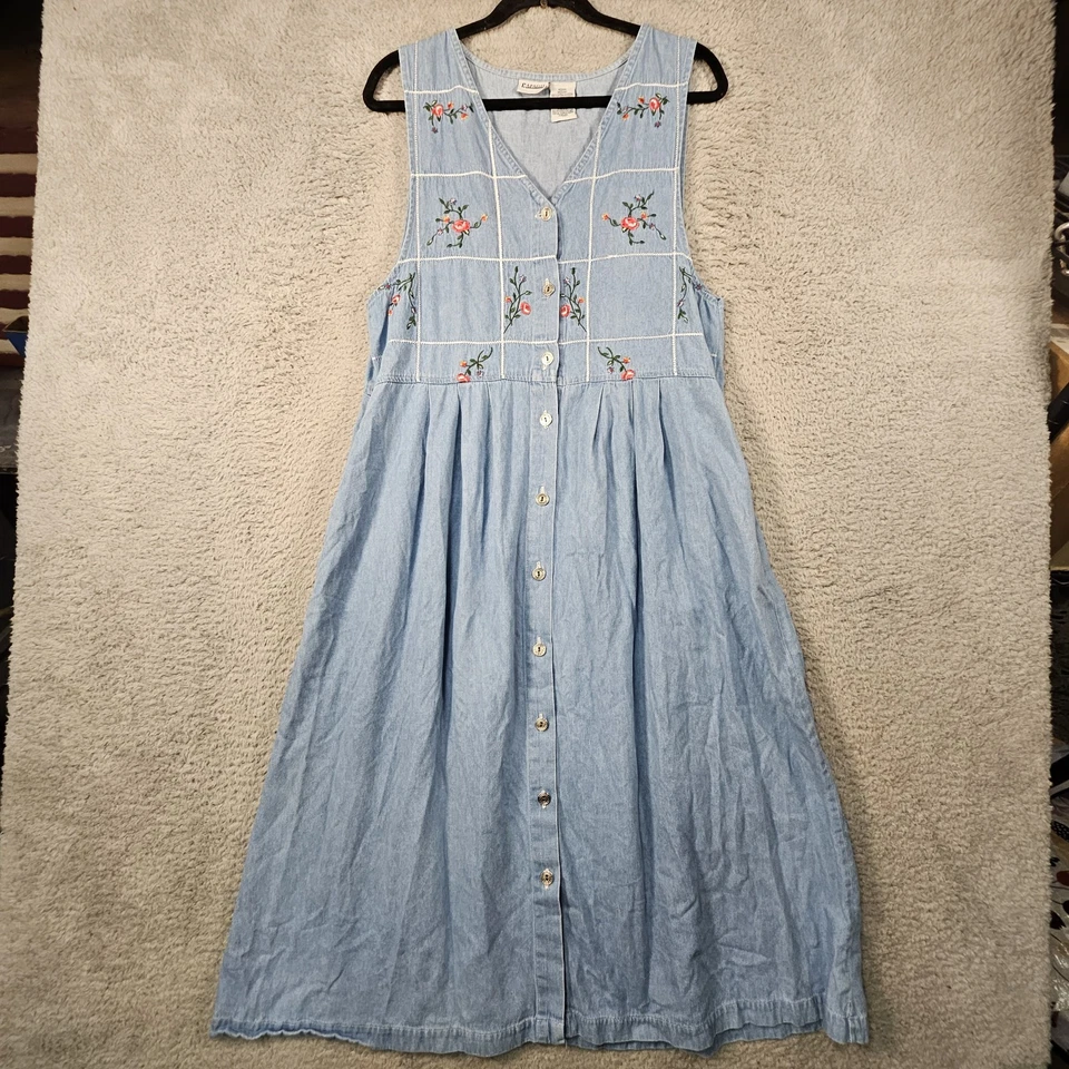 Vtg Denim Midi Dress Sz M Blue jean Floral Modest Button Up 90s Cottagecore Y2K - Image 3 of 4