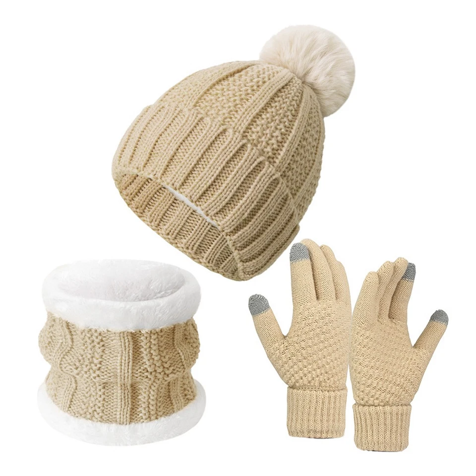 Conjunto de luvas cachecol chapéu gorro inverno feminino forrado de lã chapéu luvas touchscreen - Imagem 2 de 4