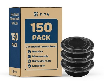 TIYA Food Containers   24 oz Bulk 150 Pack with Lids   Plastic Food Storage T...
