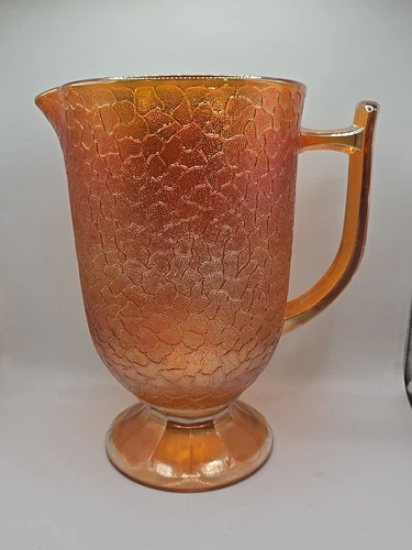 Jeanette Marigold Orange Carnival Glass Pitcher Crackle Pattern 8" Vintage