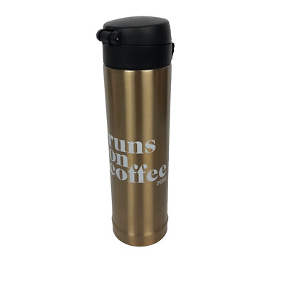 VICTORIA'S SECRET PINK Runs On Coffee Gold Hot/Cold Thermos Water Bottle 15 oz