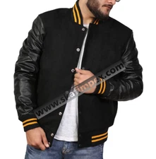 Men's Black & Gold Varsity Jacket – Wool & Leather Letterman Style