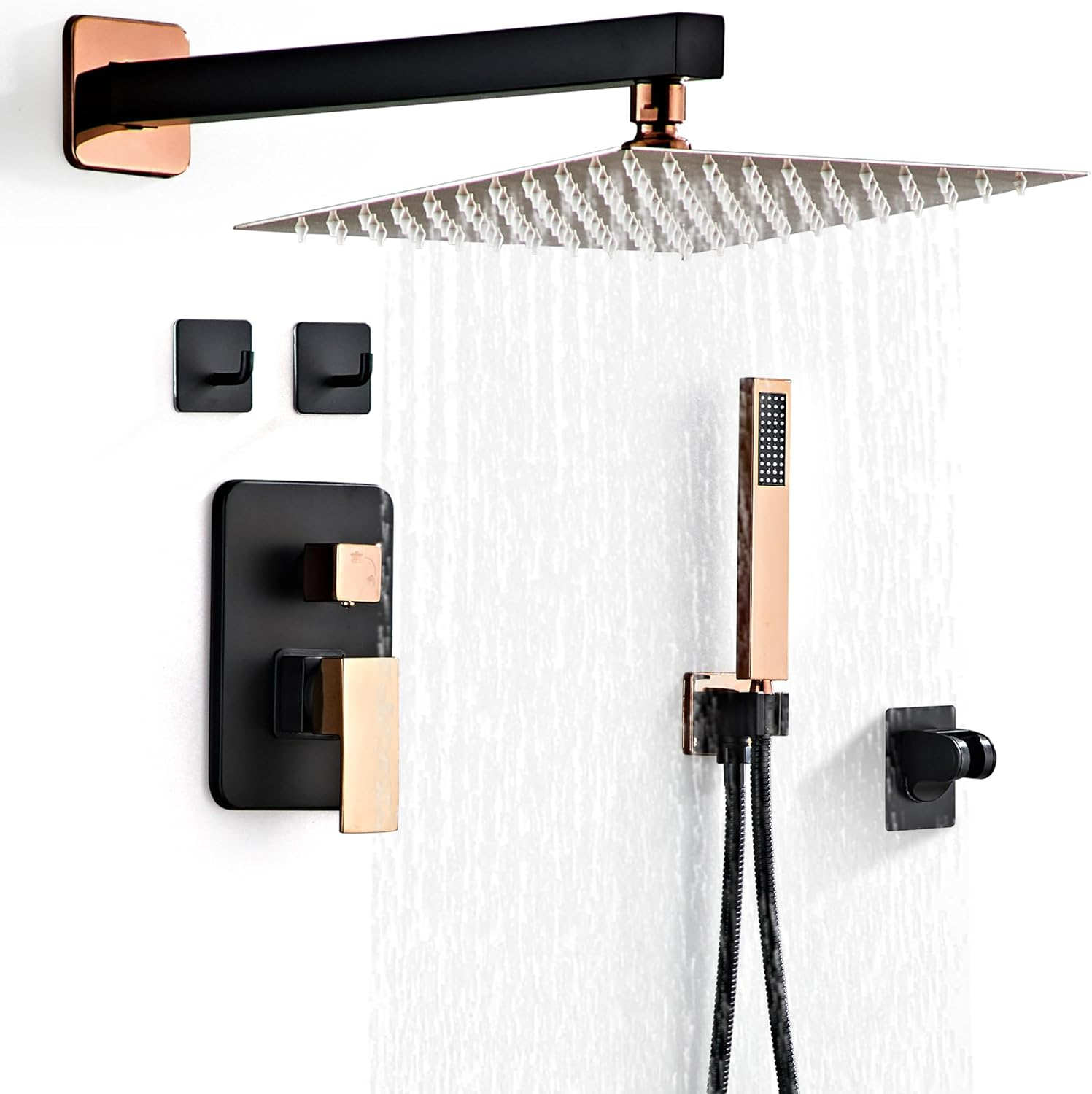 Shower Faucet Set, Matte Black and Rose Gold Rainfall Shower System Complete Wal
