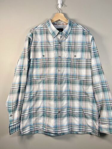 Orvis Shirt Mens XXL Blue White Plaid Fishing Outdoors Long Sleeve Roll Tab