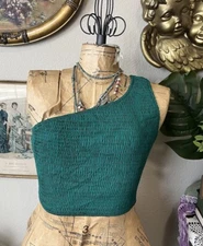 Anrabess Emerald Green Smocked One Shoulder Stretch Crop Top S Festival Summer