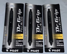 Lot of 3 - Pilot Dr Grip Full Black Ball Point Pen Black Ink Medium Point 1.0mm
