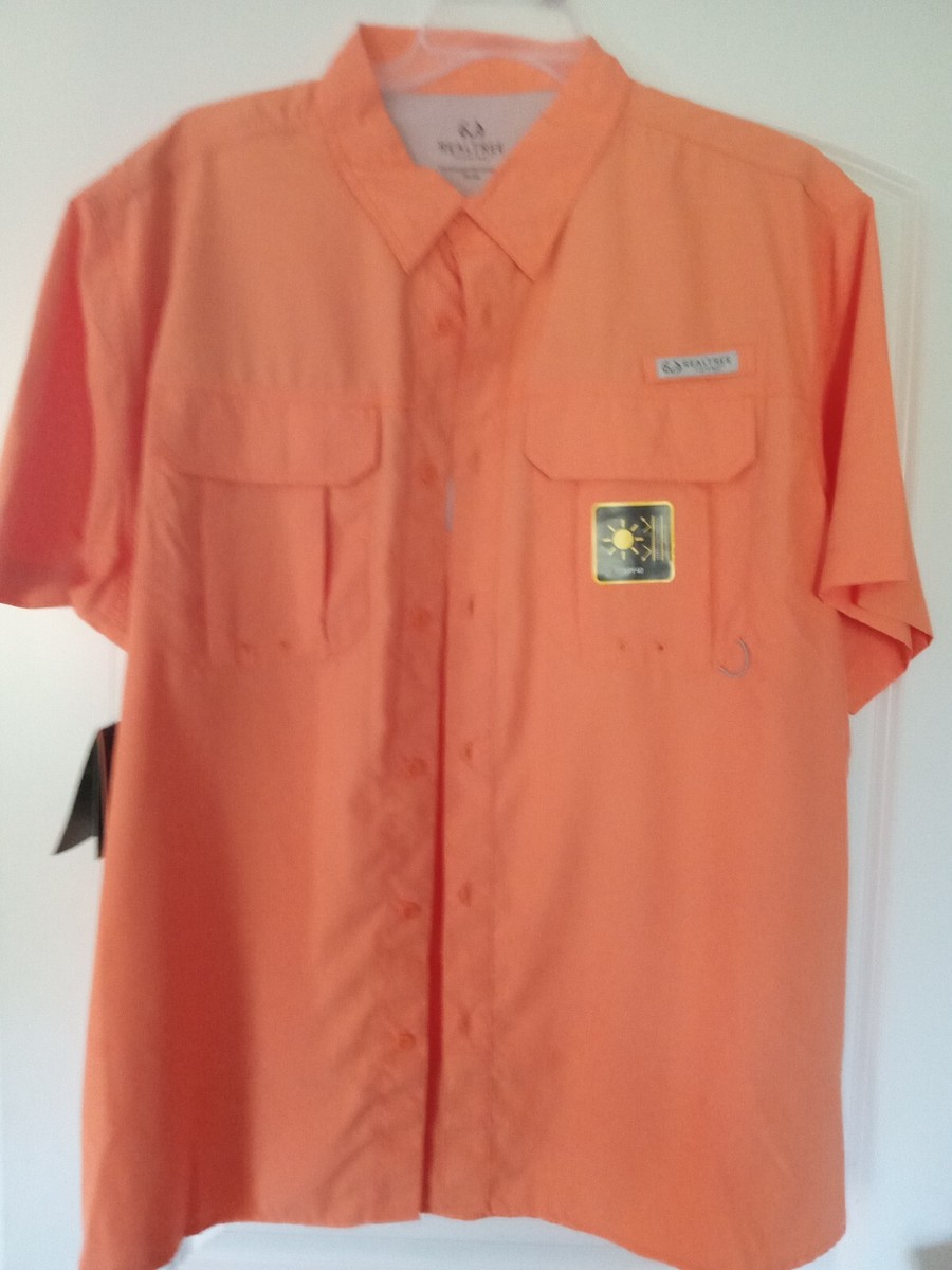 Realtree Fishing Button Shirt Men Large Orange Vent UPF 40 Guide 