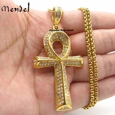 MENDEL Mens Gold Plated Bling Egyptian CZ Hip Hop Ankh Cross Pendant Necklace