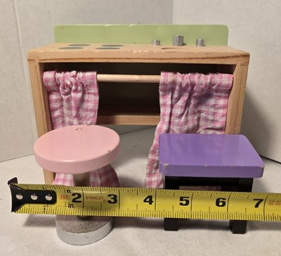KidKraft Doll House Furniture Kitchen Sink Stove Wood Pink Curtains Stool Chair