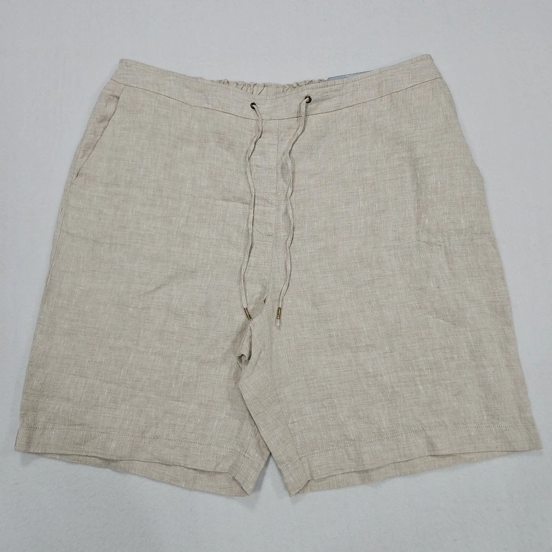 Chicos Linen Shorts Womens 2 Size 12 Beige Tan Elastic Pull On Tie Front Pockets