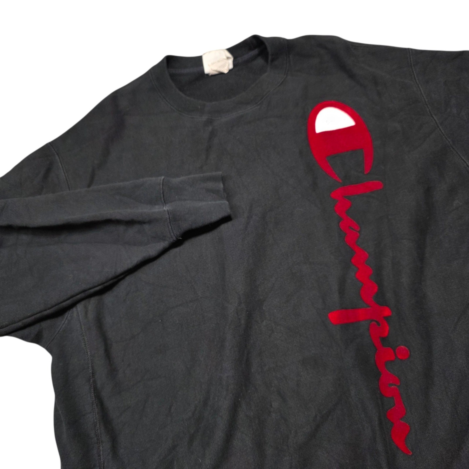 Vintage Champion Reverse Weave Sweatshirt Mens XLarge Black Velvet Red Spell Out