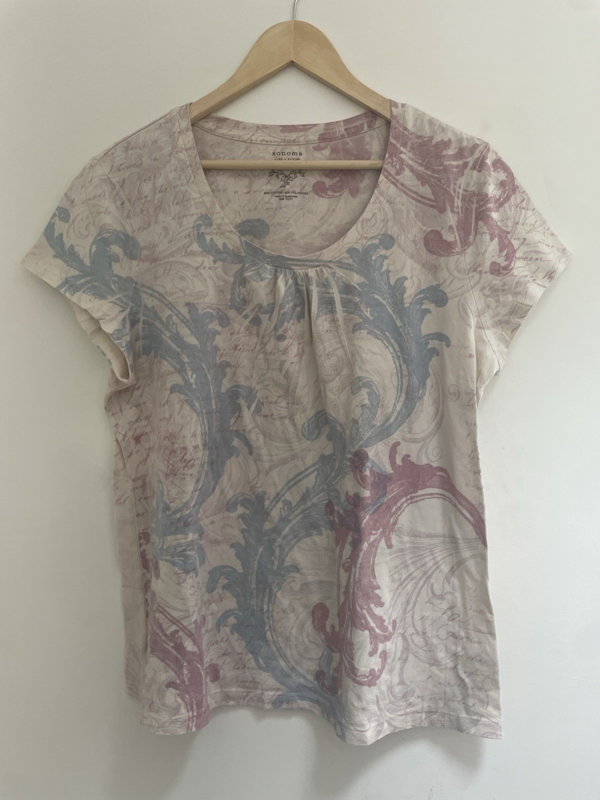 Sonoma Women's Soft Cotton Blend Pleated Scoop Neck Short Sleeve Shirt Cream XL