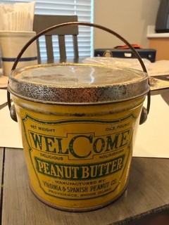 Ol WELCOME PEANUT BUTTER TIN w/Bail Handle