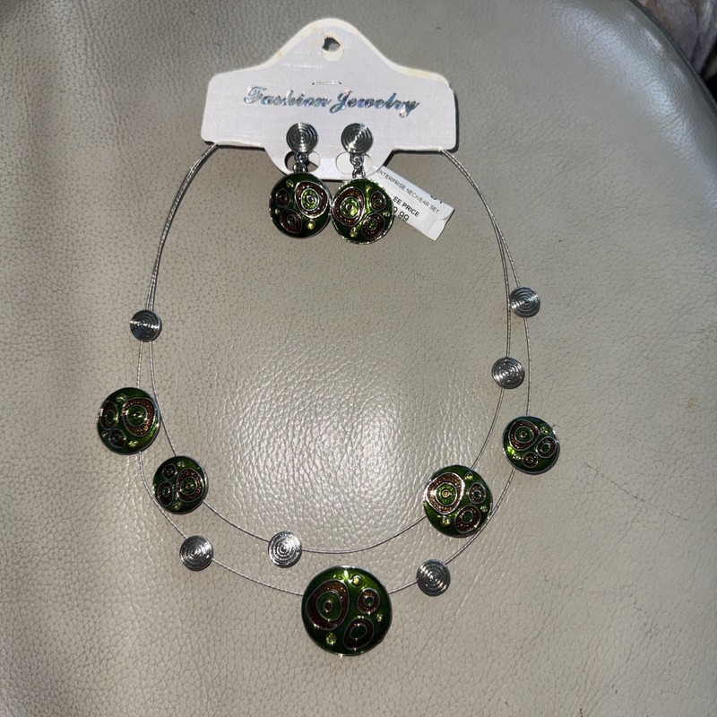Vintage Fashion, Jewelry, New, Earrings, Necklace, Choker, Set Green Silver