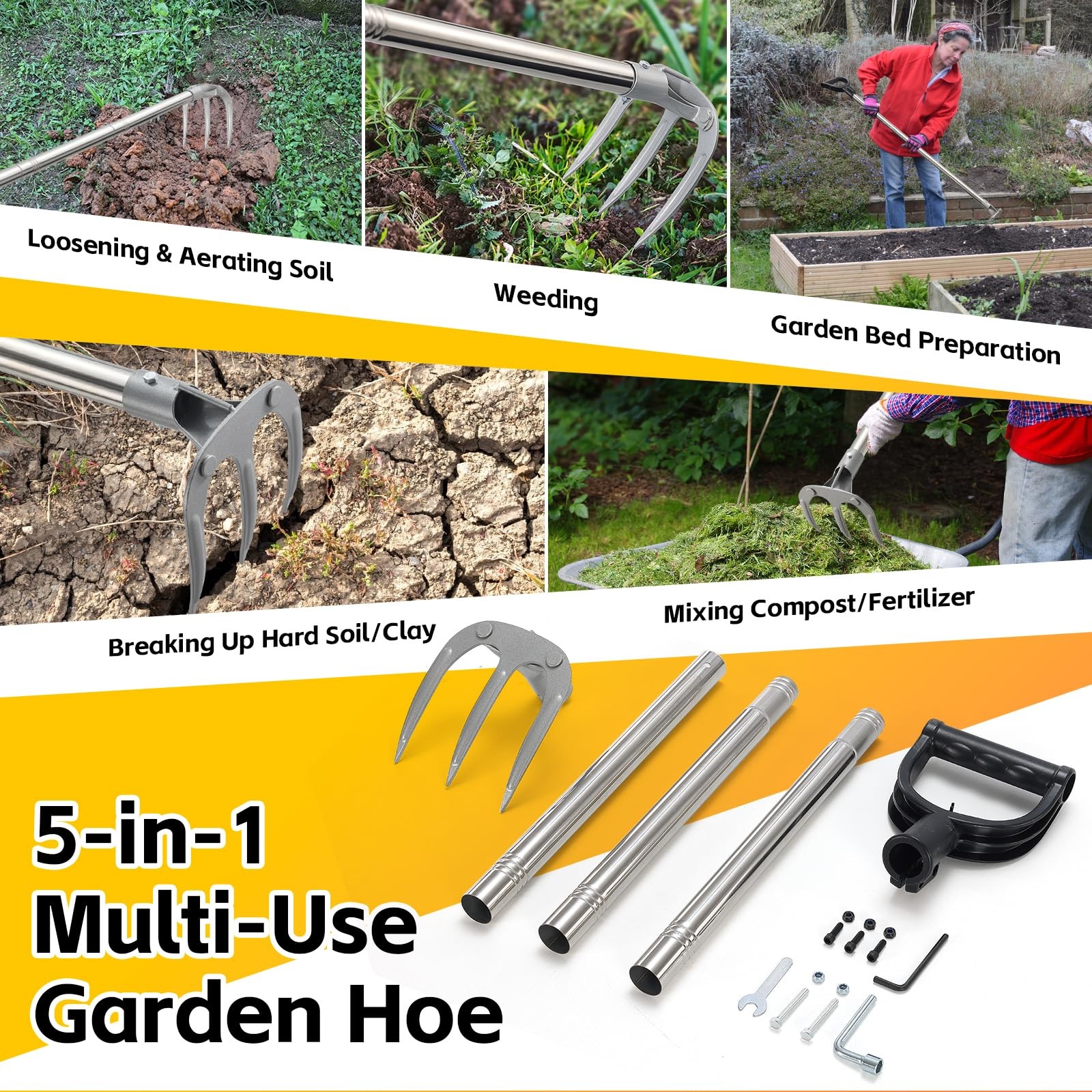 Potato Hand Rake Garden Tool - 47" Long Handle Cultivator Weeding Siver 