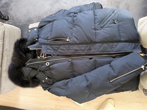 Moose Knuckles Black Fur Trim Hooded Puffer Jacket Men's Logo Accent Size L