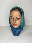 Vintage Chalkware Lady Bust Head Figure With Blue Scarf Woman Signed 1970