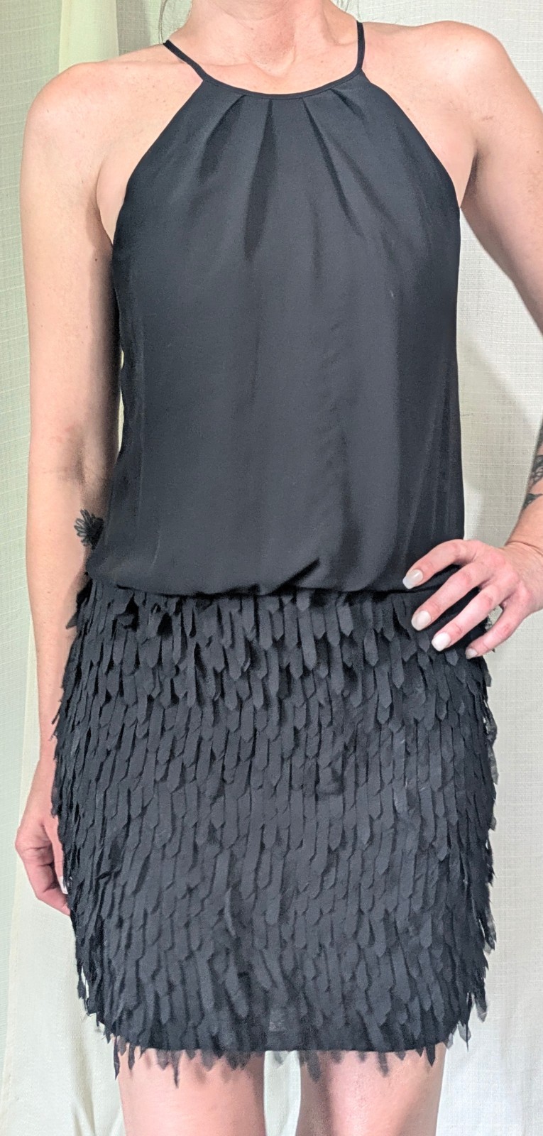 B. Darlin Black Fringe Halter Sleeveless Shift Dress Short Juniors 1/2 Chiffon