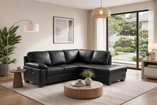 Black  Genuine Leather Corner Sofa + USB Charging Ports - BROOKLYN RH