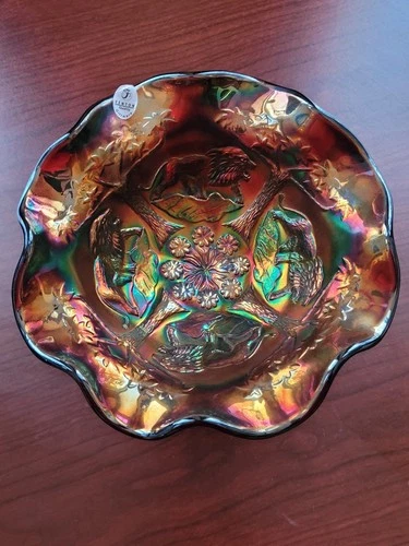 Contemporary & Signed Fenton Carnival Glass Lions Pattern Ruffled Bowl