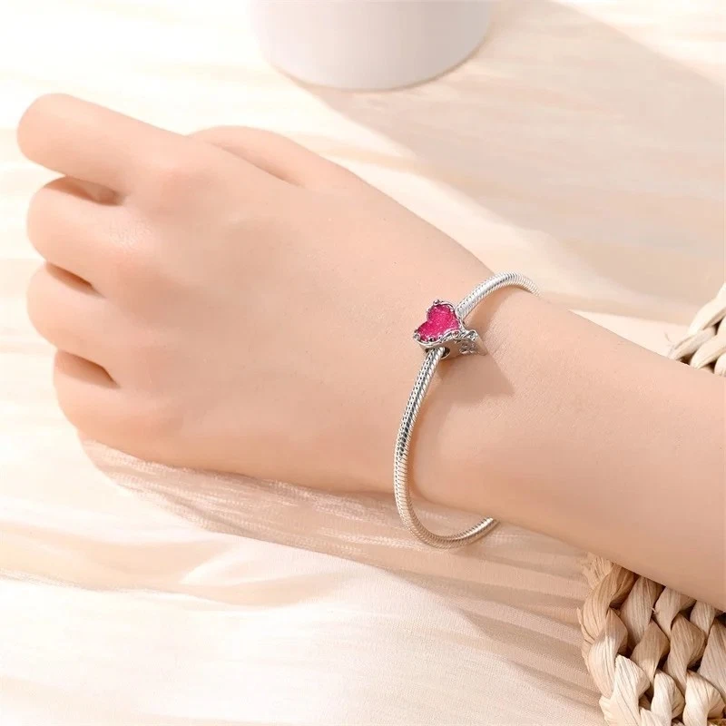 Collar Pulsera Pandor Rosa Corazón Dije Ajuste Plata de Ley 925 Foto 2 de 4