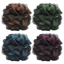 Loofah Bath and Shower Sponge Pouf, Mesh Brush Ball 4 Piece Assortment, Black