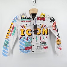 NEW Copper Rivet White Denim Jacket Graffiti Print King Crown Icon Wave Small