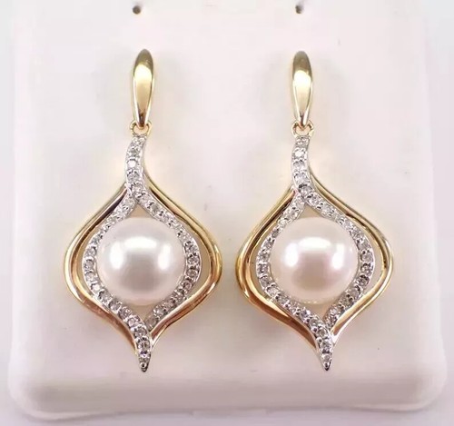 2.50Ct Round Cut Lab Created White Pearl Drop/Dangle Earrings Yellow Gold Plated - Picture 2 of 8