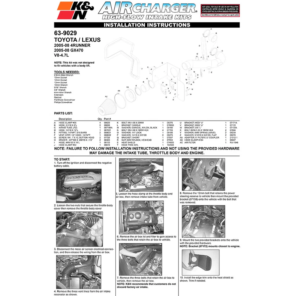 Высокопроизводительный воздухозаборник холодного воздуха K&N 63-9029 для Lexus GX470 / 4Runner 4,7 л V8 2005-2008 годов выпуска - Изображение 4 из 4