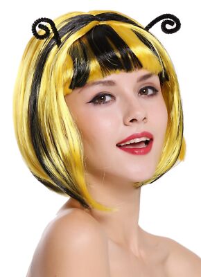 Perücke Damen Karneval Fasching Biene Hummel schwarz gelb gesträhnt Bob Fühler